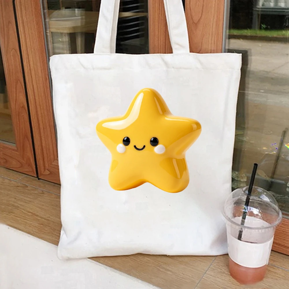 

Smiley Star Canvas Tote Bag Cute Yellow Print Shoulder Bag