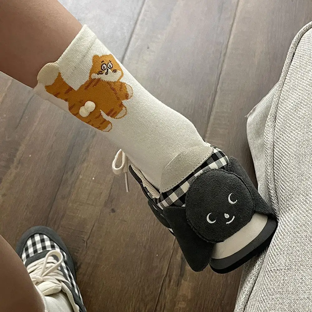 Calzini a metà polpaccio con gatto uovo Design originale dei cartoni animati Punta senza cuciture Comodi calzini in cotone alla moda con animali divertenti