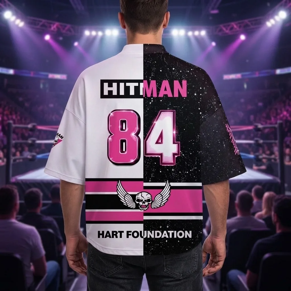Schwarz-weißes Split Hitman 84 Wrestling-Trikot mit V-Ausschnitt, rosa Totenkopf-Herz-Flügel-Grafik-T-Shirt für Retro-Wrestling-Fans, Match-Day-T-Shirt – Detail 3