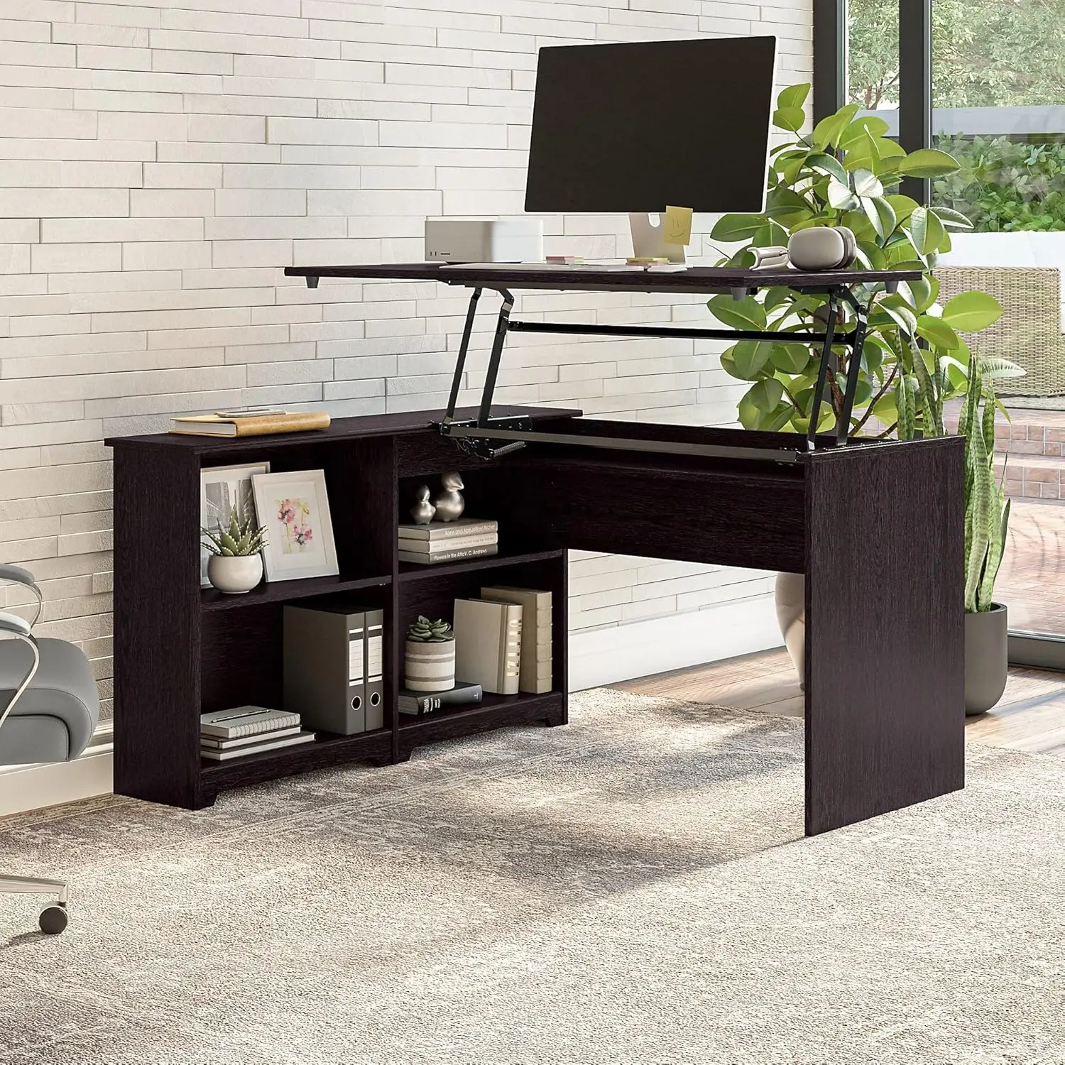 Bush Furniture Cabot 52W 3 Position Sit To Stand Corner Bookshelf Desk, Espresso Oak (Wc31816-03)