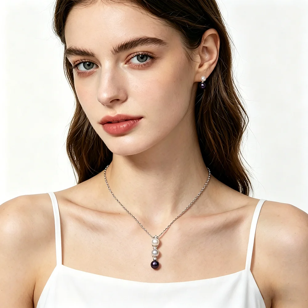 Echtes Naturperlen-Halsketten- und Ohrring-Set für Damen, luxuriöses Perlen-Schmuckset aus 925er Silber, Geschenk für Ehefrau, Mutter, Geburtstag, Weiß, Schwarz – Detail 1