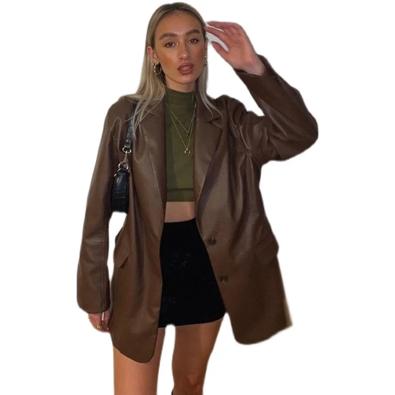 Damska kurtka ze skóry PU, jesienno-zimowa, nowa, ciepła, codzienna, elegancka kurtka w stylu marynarki, modna odzież wierzchnia, skórzana kurtka damska.