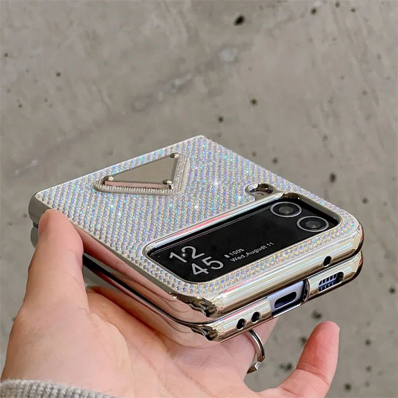 Luxury Bling Glitter Plating Phone Case For Samsung Galaxy Z Flip 4 3 Z Flip3 Flip4 5G Cover with Ring Cute Protective Cases