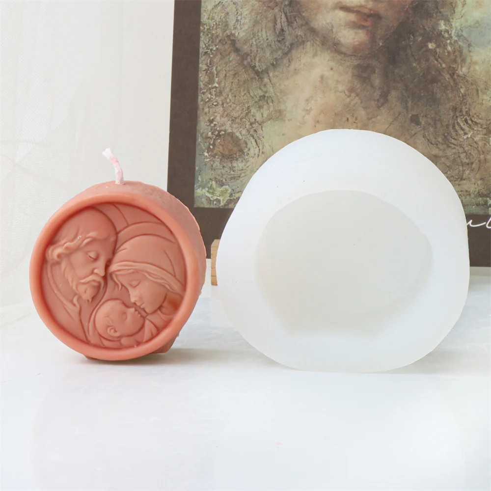 Mini Flat Virgin Jesus Holy Family Candle Silicone Mold Oval Round Heart-shaped Cross Sculpture Resin plaster Making Home Decor
