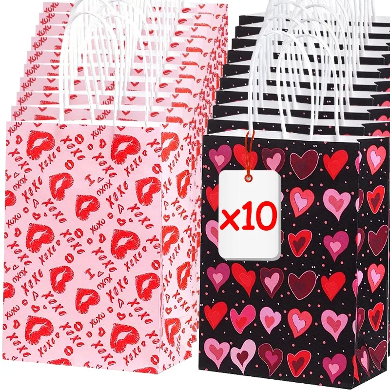 10/1x Love Heart and Kiss Printed Paper Gift Bags for Wedding Birthday New Year Valentines Day Party Favor Decoration Supplies