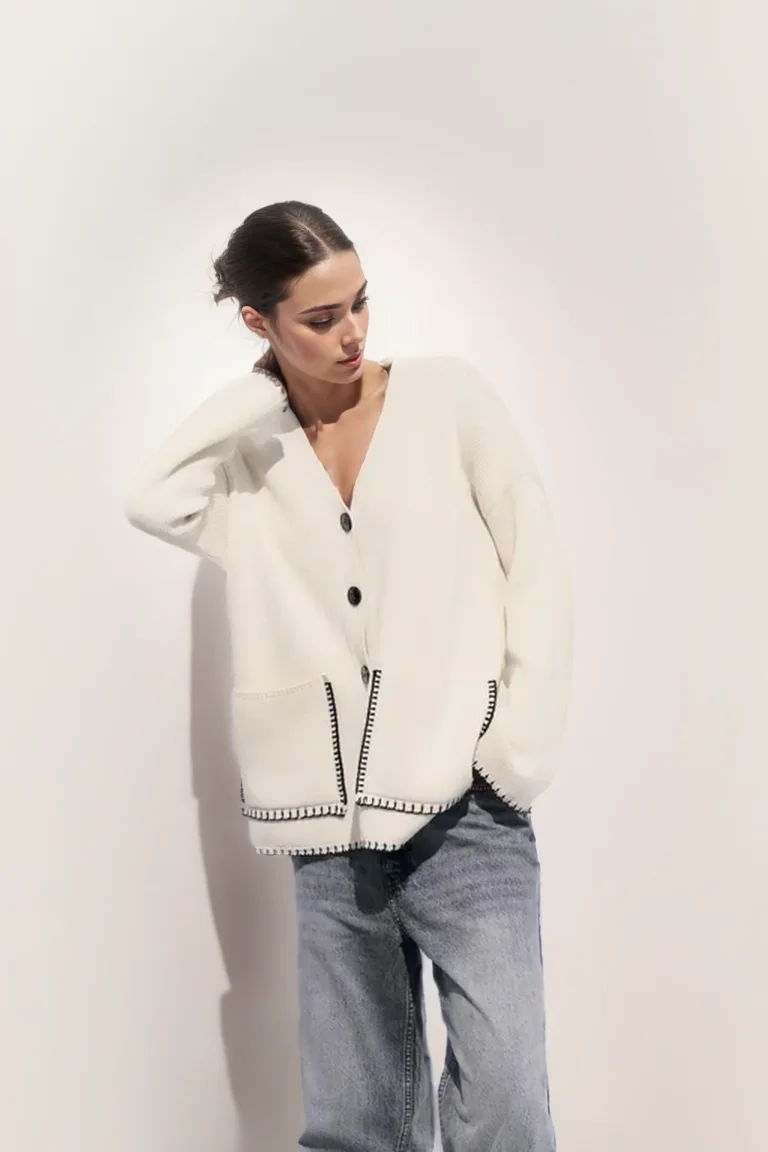 2024 Spring and Autumn New Lazy Style Casual Single Breasted Contrasting Color Stitching Knitted Cardigan Sweater Jacket Top