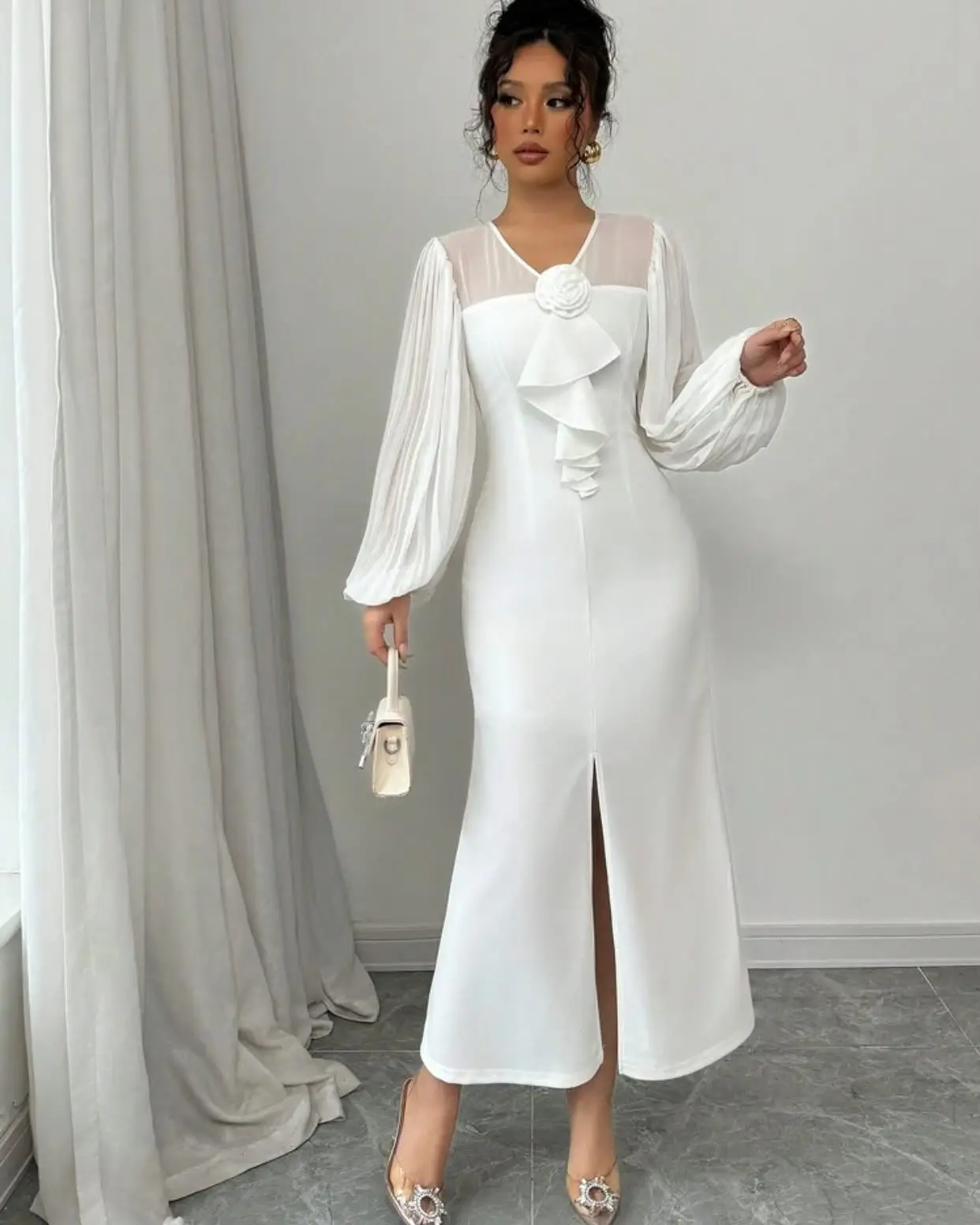 

Customized Temperament Mermaid O-Neck Flowers Evening Dresses Graceful Long Sleeves Jersey Vestido De Festa Vestido De