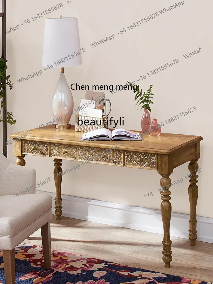 K185 Retro Solid Wood Computer Desk Student Study Desk Wood Carved Japanese Simple Desk