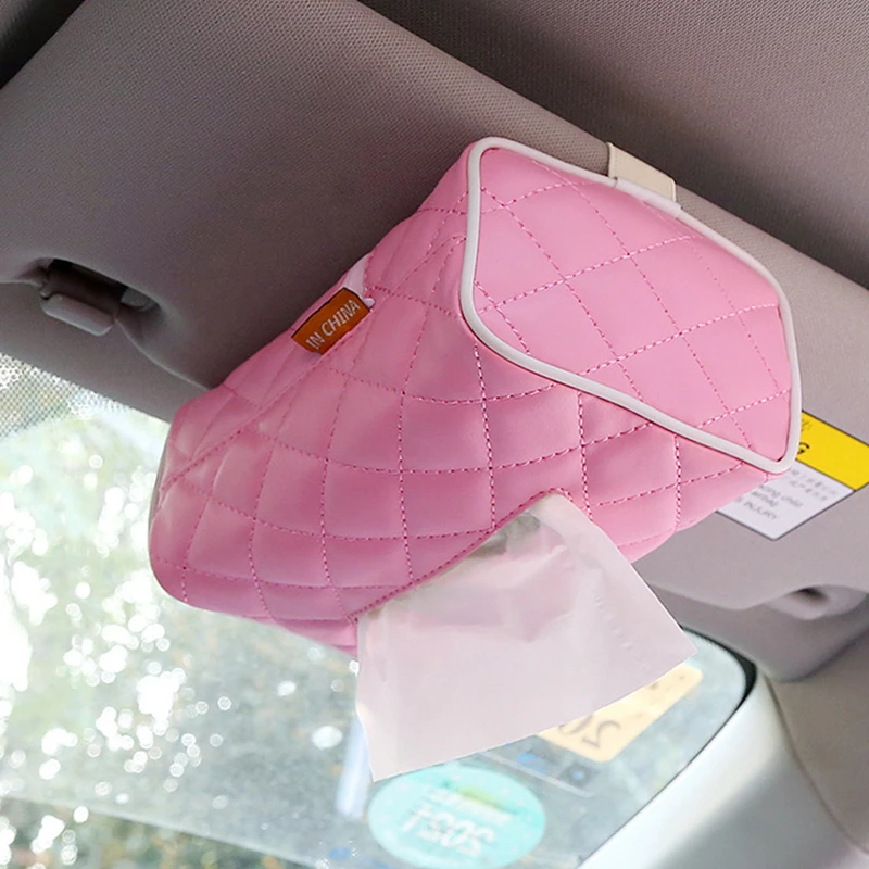 Grid Leather Car Tissue Box Auto Sun Visor PU Leather Tissue Case Car Hanging Towel Paper Organzier Napkin Papers Holder For Car