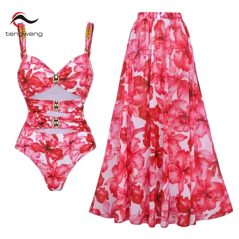 Tengweng 2024 3D Flower One Piece Swimsuit and Skirt Swimwear Women Push Up Bodysuit Monokini Swim Suit Bathing Suit Beachwear