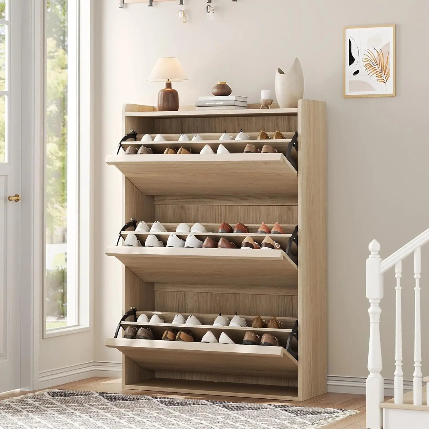 

Shoe Cabinet With 3 Flip Drawers, Wooden Shoe Organizer Cabinet With Adjustable Shelf, Shoe Storage For Entryway, Hidden Shoe
