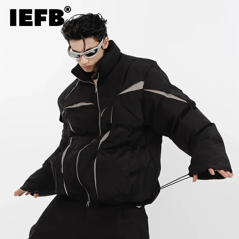 IEFB New Streetwear Men\'s Padded Jacket Stand Collar Niche Diagonal Zipper Design Patchwork Thickened Cotton Jackets 9A6096