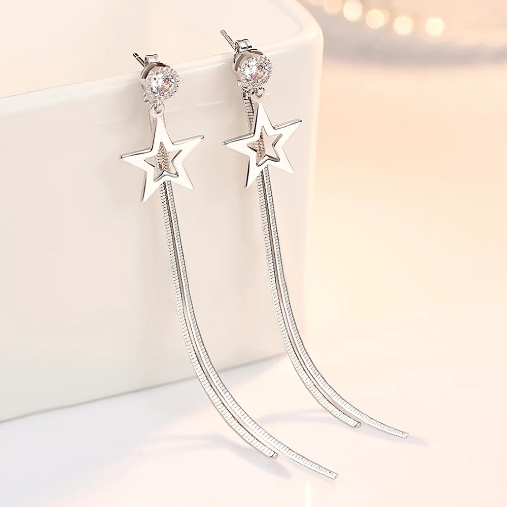 925 Sterling Silver Tassel Earrings For Women Zirconia Star Long Earrings Chain oorbellen Boucle d'oreille New Trendy