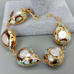 YYGEM Natural White Coin Freshwater Pearl Pave   22x28mm Blue larimar Chips Teardrop Gold Color Plated  Wrap Bracelet  9