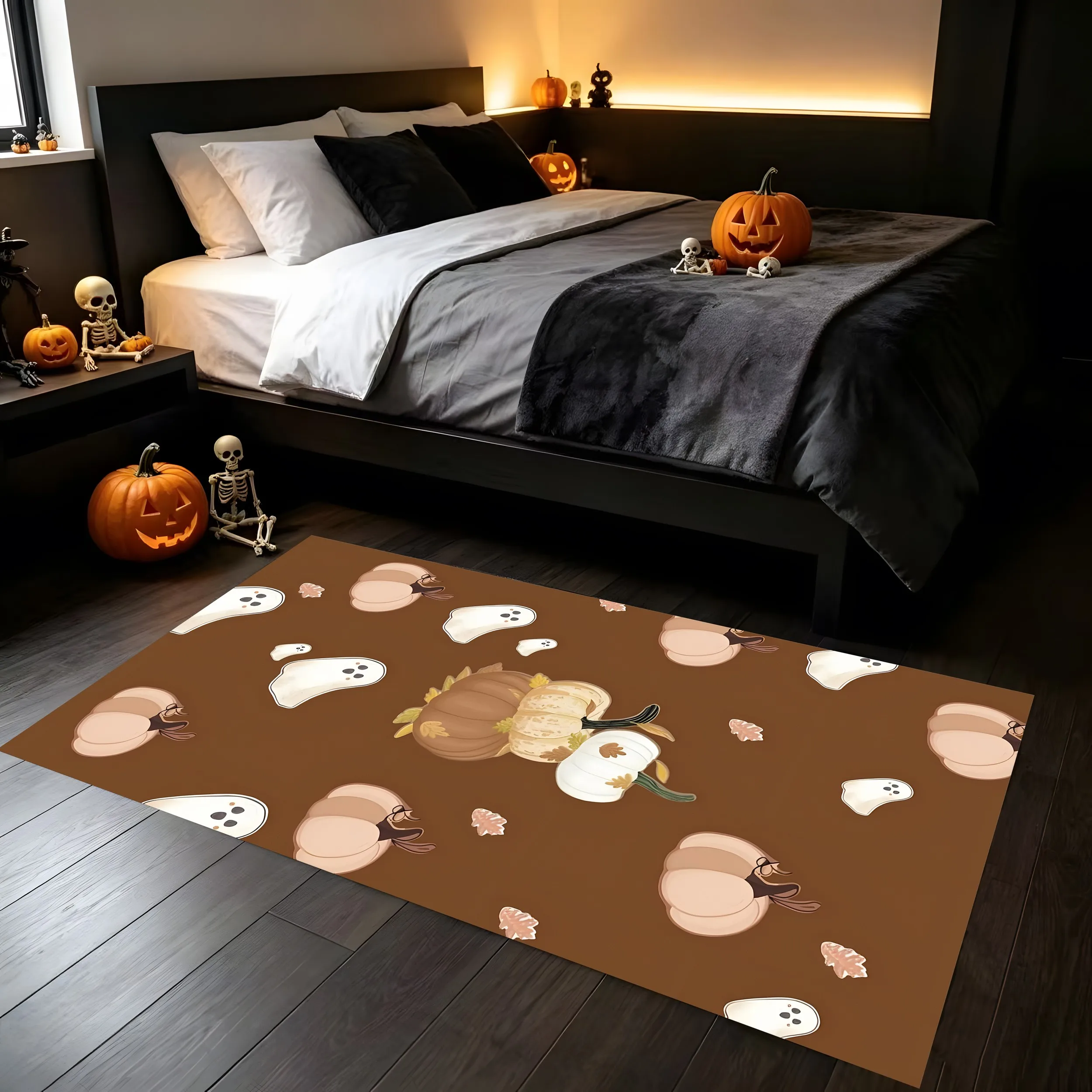 Velvet Pumpkin Ghost Skull Funny Halloween 2D Rug for Living Room and Bedroom, Autumn/Winter Warm