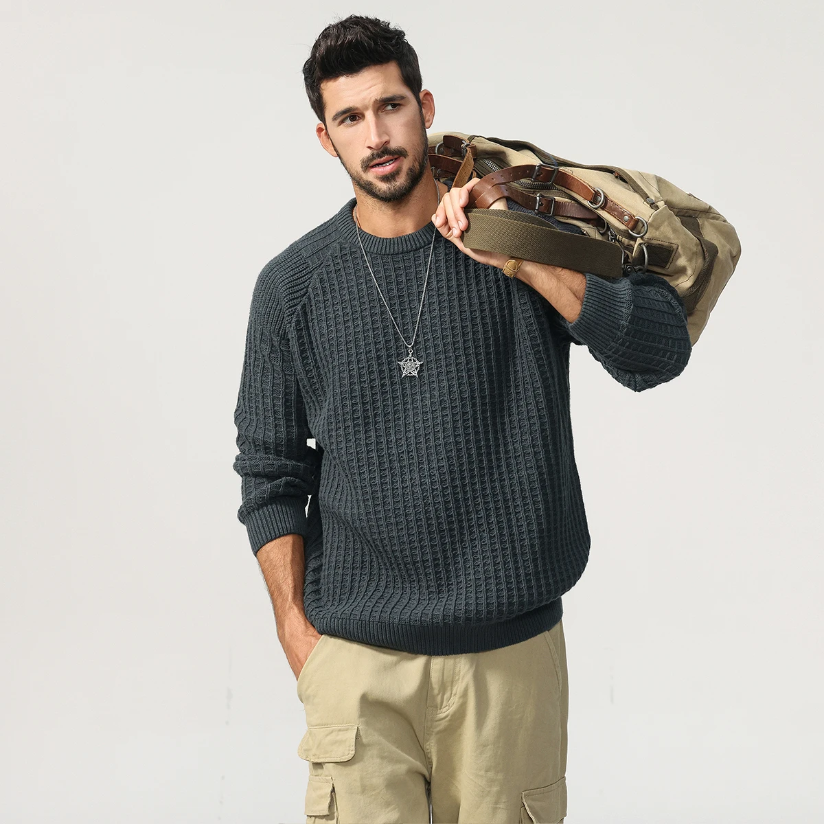 Retro American Style Waffle Knit Sweater - 2025 Autumn Winter Men's Loose Relaxed Fit Pullovers High Quality Plus Size 4XL