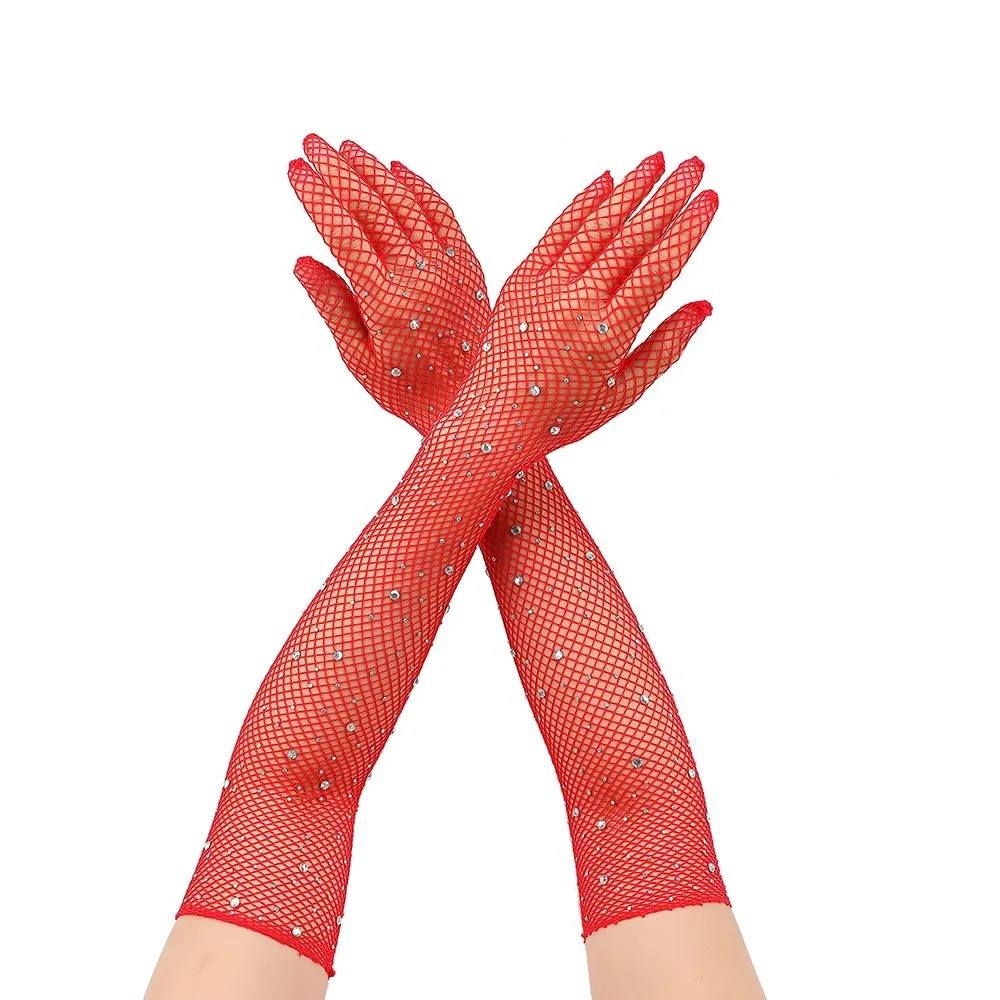 New Mesh Long Mittens Party Dress Cosplay Fishnet Gloves Glitter Rhinestone Punk Hip Hop Performance Gloves Gift