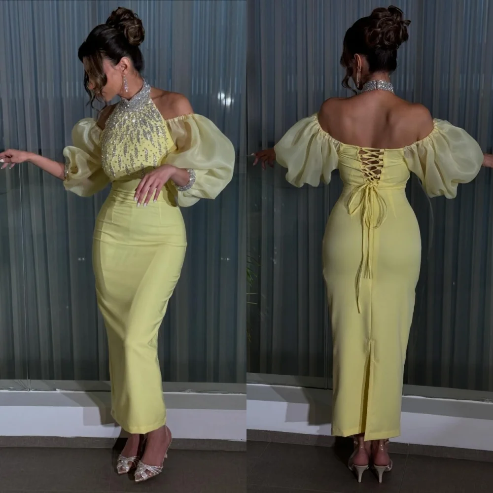 Classic Jersey Pleat Sheath Halter Midi Dresses Homecoming Dresses Exquisite Modern Style Pastrol Unisex Chinese Style