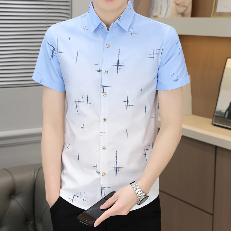 

Business Boyfriend Turn-down Collar Gradient Solid Color Button Short Sleeve Printing Cardigan Men's Clothing Summer Formal Tops