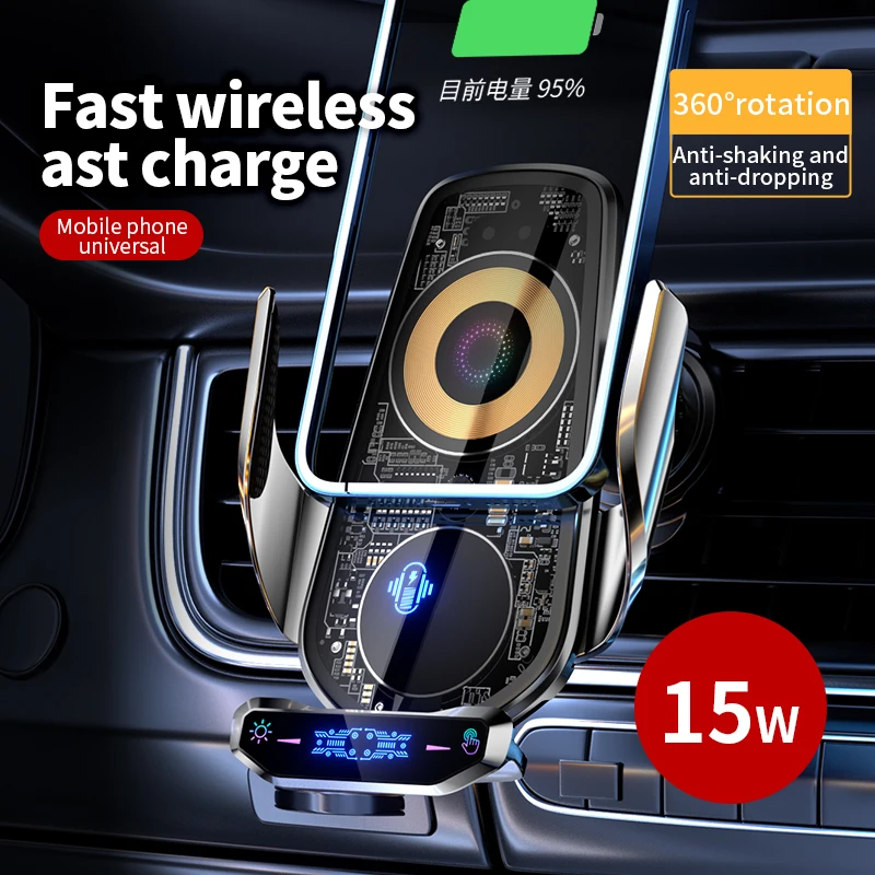 Wireless Car Phone Holder 15W Fast Charger Touch Sensing Transparent Panel Car Air Vent Phone Stand Barcket Universal Stand