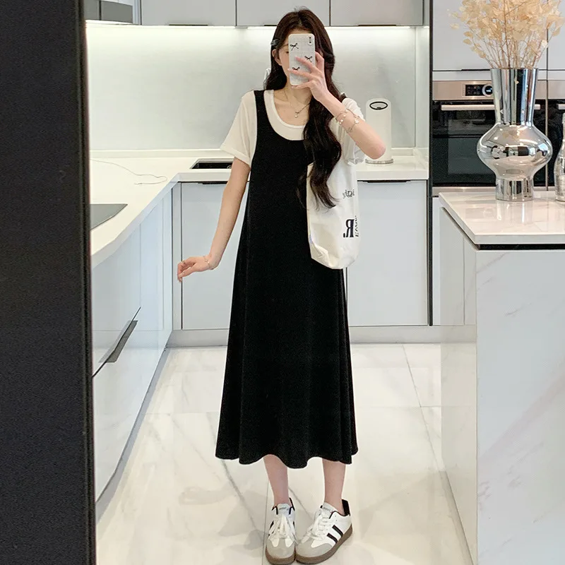 Maternity Clothes Summer 2026 Minimalist Versatile Black White Fake Two Piece Dress for Pregnant Women