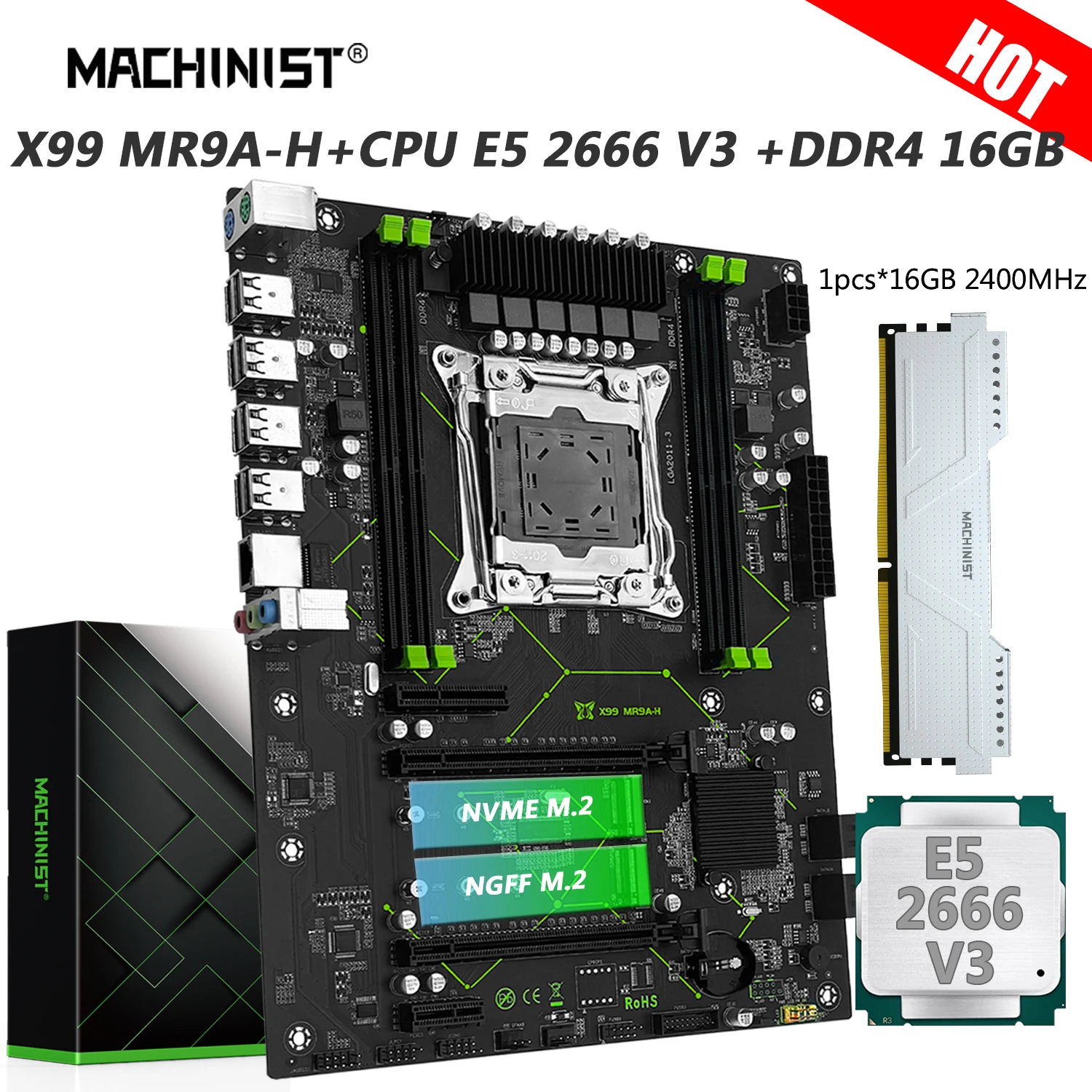 

MACHINIST MR9A X99 Motherboard Combo Kit Xeon E5 2666 V3 CPU Processor LGA 2011-3 DDR4 16GB RAM Memory 2400MHz NVME M.2 USB 3.0