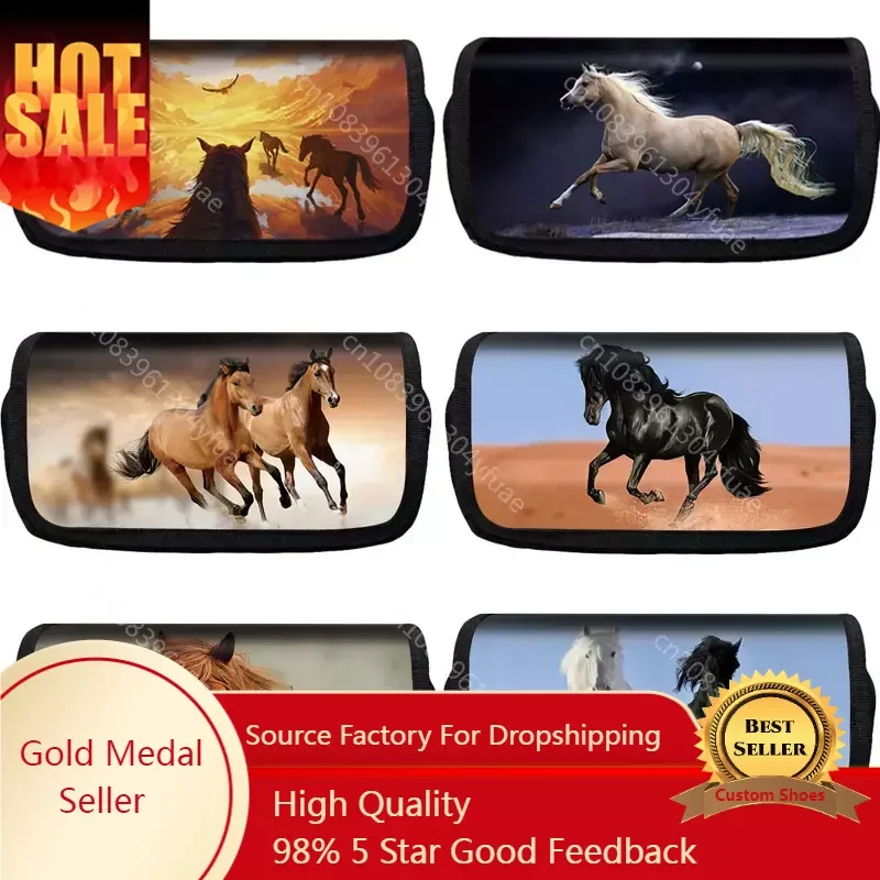 Elegant Animal Horse / Pony Print Pencil Bag Large Capacity Pencil Case School  Supplies Pen Case Box Pencils Pouch Stationery