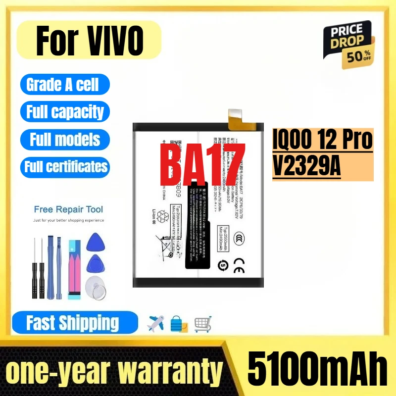 

BA17 for VIVO IQOO 12 Pro/V2329A Mobile Phone Battery High Quality High Capacity Replacement Bateria Grade A Cell with Tools
