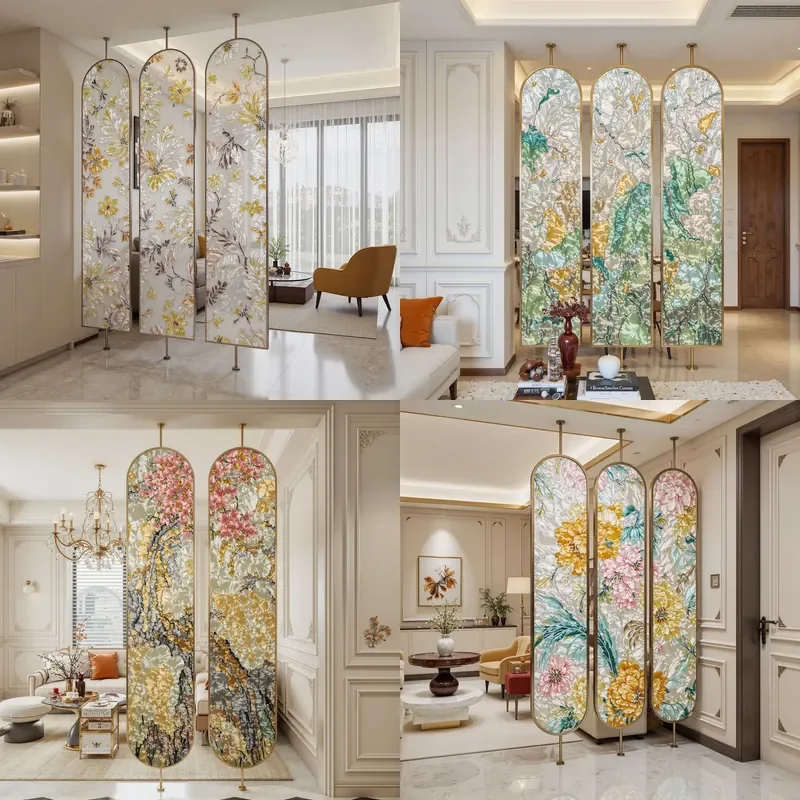Modern Handmade Enamel Glass Screen Stainless Steel Rotating Room Divider for Hotel Bedroom Porch Art Partition