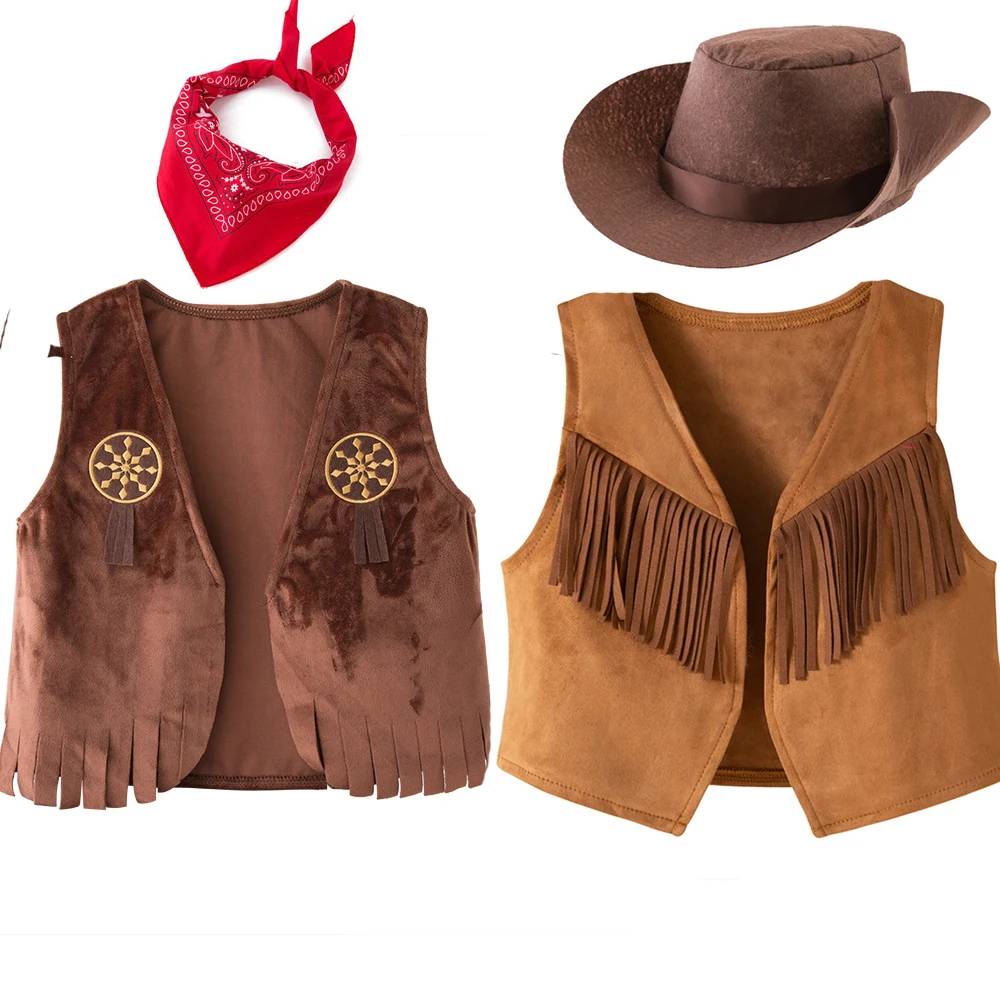 Halloween meninos cowboy colete trajes para o bebê da criança crianças criança meninas cowgirl cowboy traje festa fantasia purim fantasia vestido