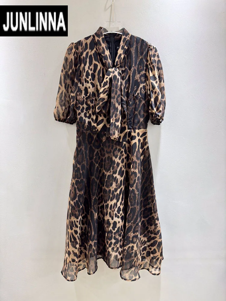 

JUNLINNA 100% Polyester Fashion Leopard Printing Dress Street Women Scarf Collar Short Sleeve Sliming Expansion Vestidos