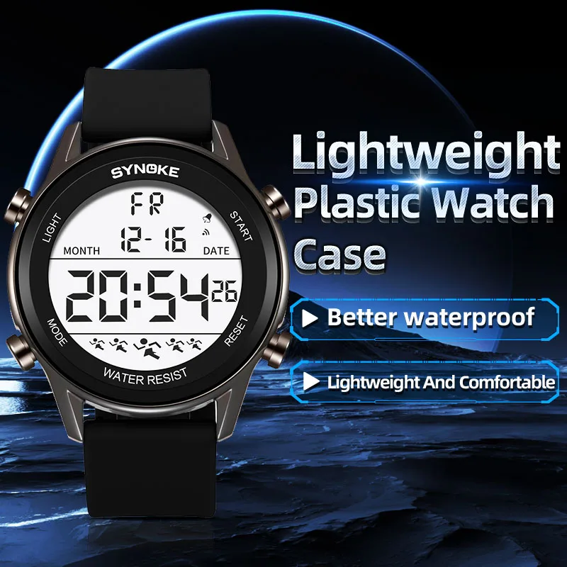 SYNOKE Men Outdoor Sports Multifunctional Waterproof Large Screen Display Luminous LED Digital For Men Fashion Silicon Watch