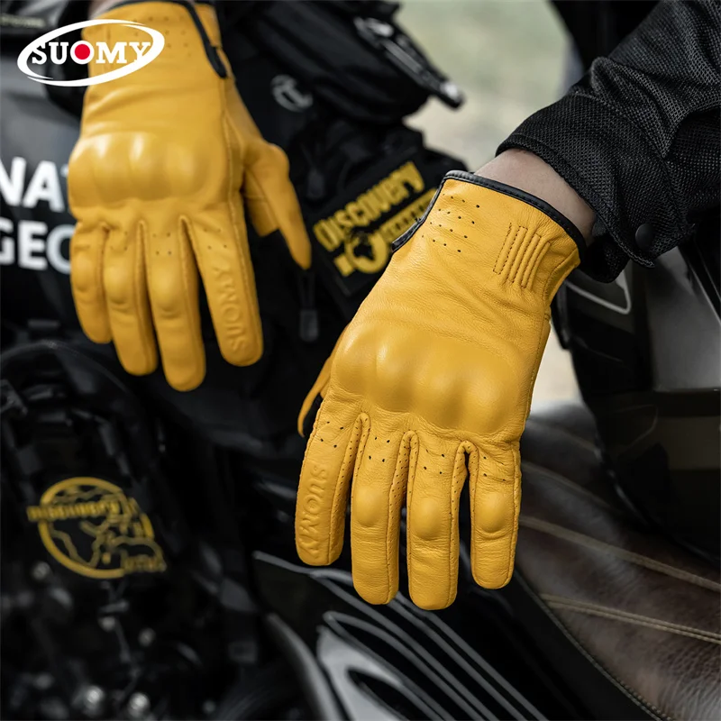 SUOMY Summer Motorcycle Gloves Men Genuine Sheepskin Leather Breathable Retro Bike Gloves for Men Women Riders