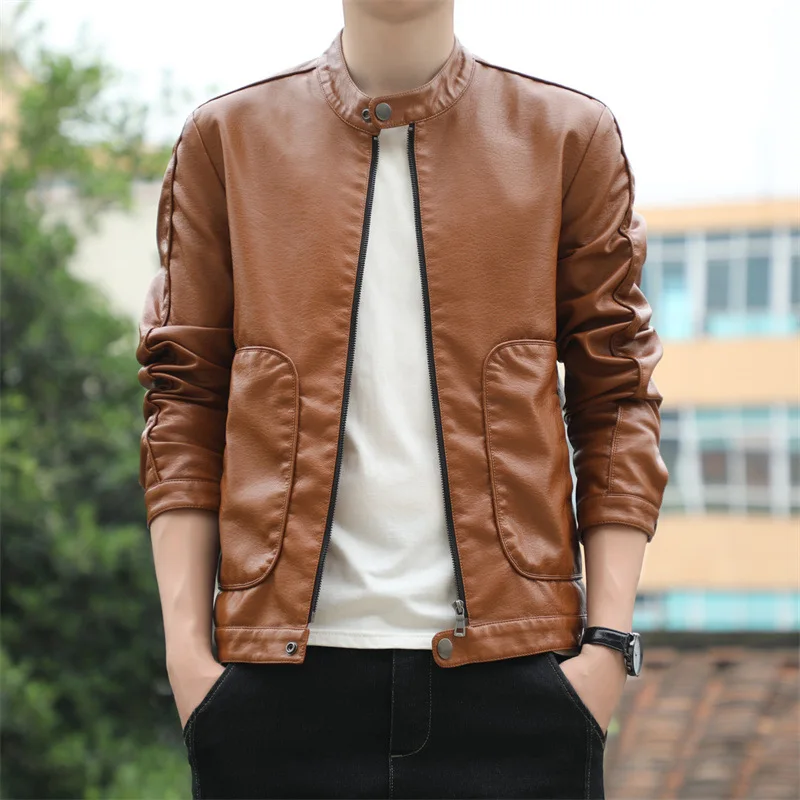

2024 Men's PU Leather Jacket Youth Casual Body Handsome Stand-up Collar Leather Jacket
