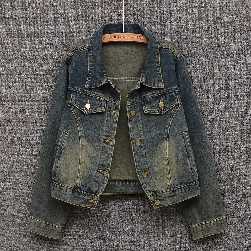

Осенняя винтажная джинсовая куртка с рукавами-фонариками, женская повседневная уличная одежда, однобортная свободная укороченная джинсовая куртка