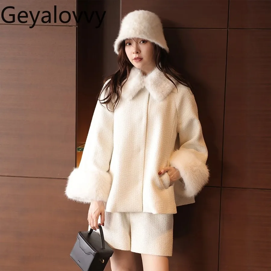 

Autumn Winter Japanese Sweet Girl Versatile Tweed Long Sleeve A-line Cape Short Coat + Elastic High Waist Straight Shorts Set