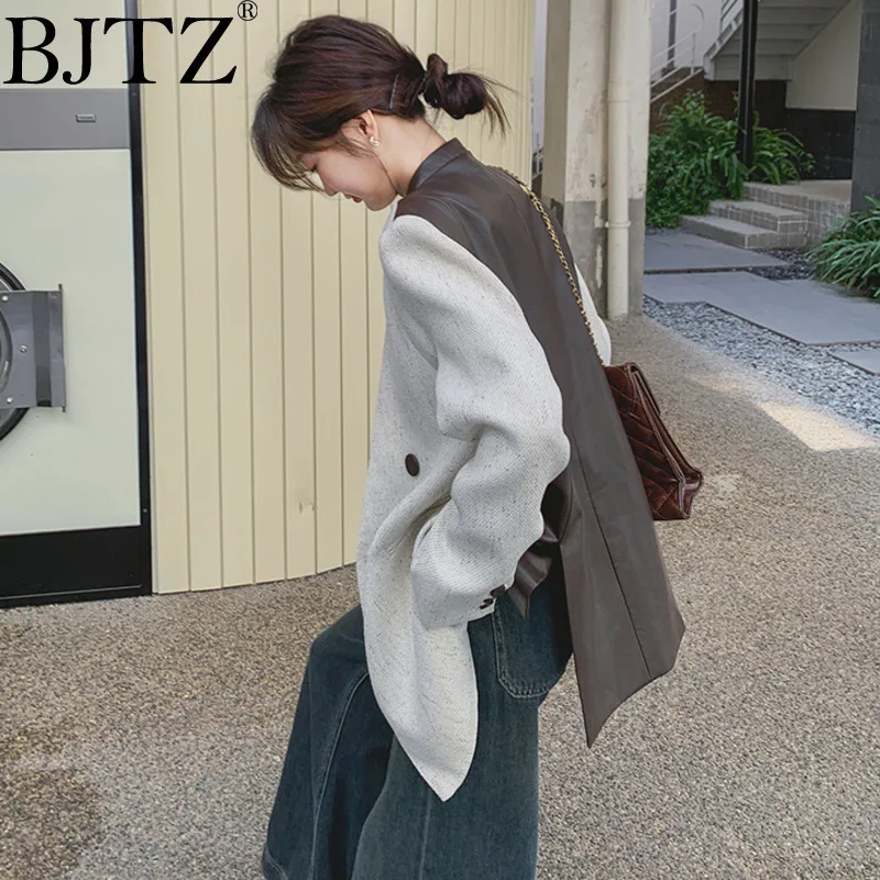

BJTZ Temperament Niche Patchwork Designer Blazer Jacket For Women 2025 Spring Autumn New Trendy V-neck Casual Suit Coat
