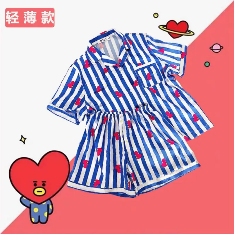 Kawaii Bt21 Pajamas 2Pcs Set Cute Cartoon Printed Lapel Short Sleeve Shorts Home Clothes Summer Light Casual Wear Girls Gift