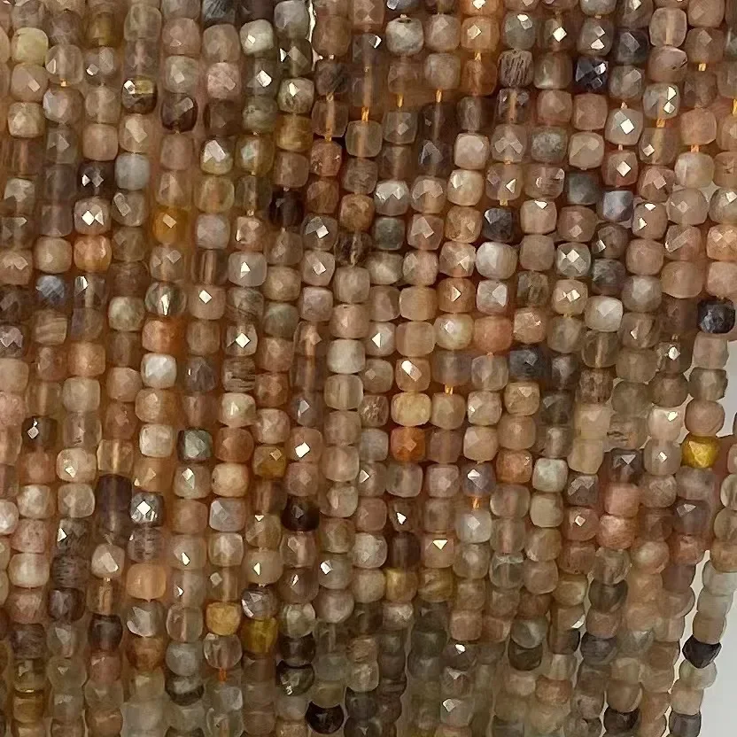 Natural Colorful Moonstone Facted Cube Black Backbone Loose Bead DIY Bracelet Necklace 38cm Trendy Fashion Beads Accessories