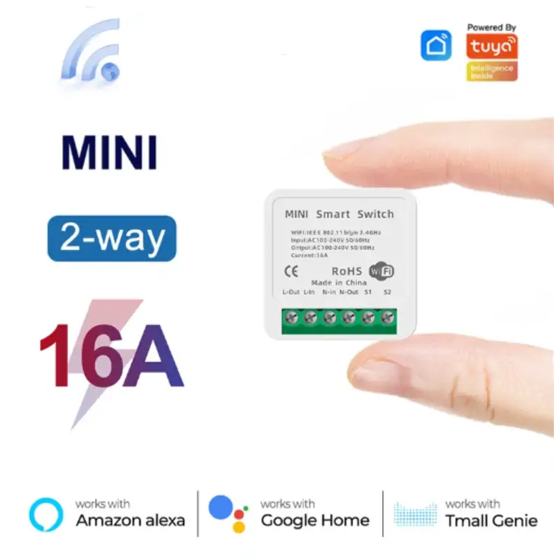 Mini interruptor WiFi de 16A para automatización del hogar en fondo blanco