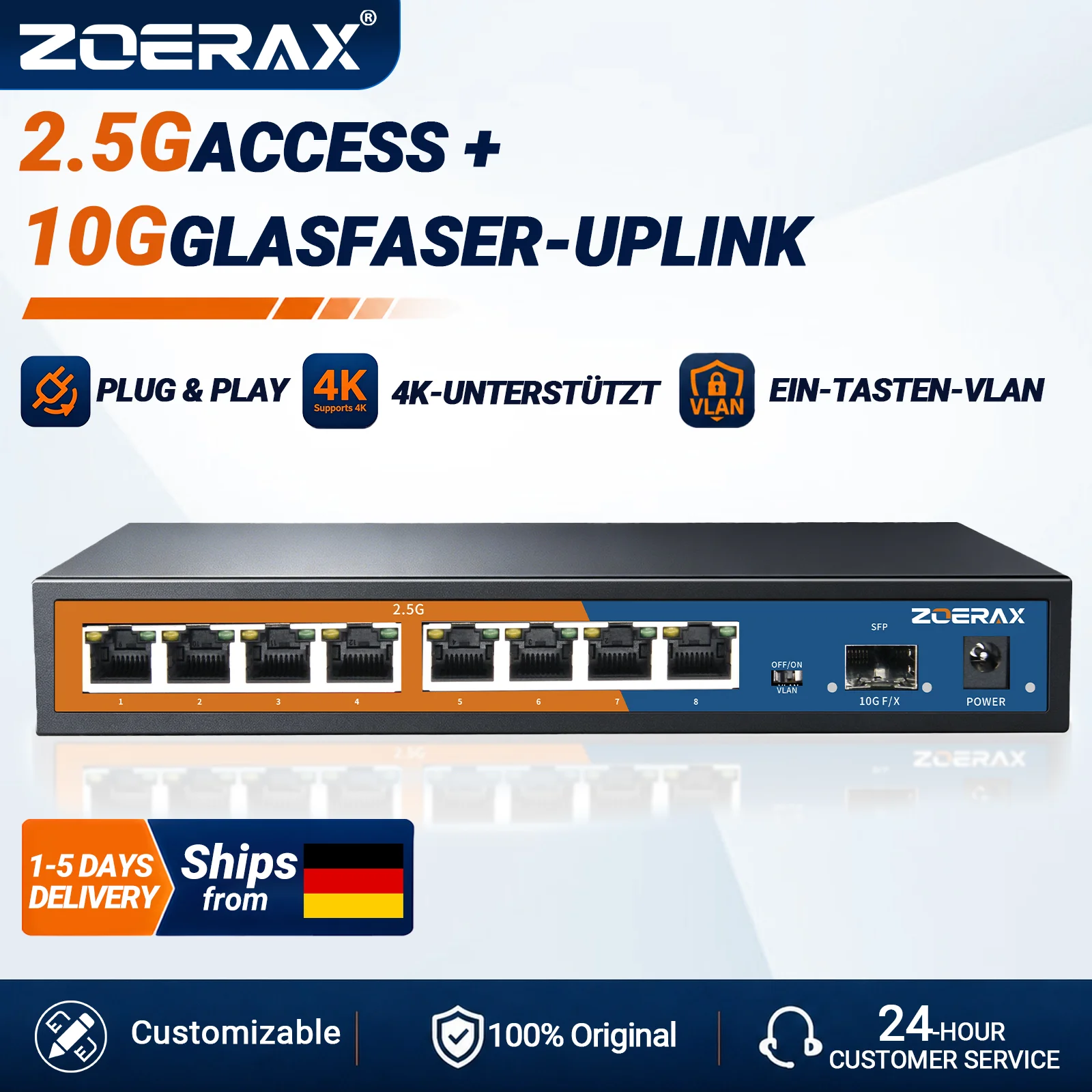 ZoeRax 8-Port Netzwerk-Switch mit 10G SFP Uplink, Ein-Tasten-VLAN-Isolation, Plug & Play Auto MDI/MDIX für Zuhause & Unternehmen