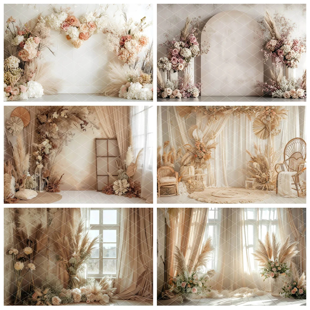 

Background Vintage Bohemia Pampas Grass Grey Wall Birthday Wedding Pregnant Decor Backdrop Photo Studio