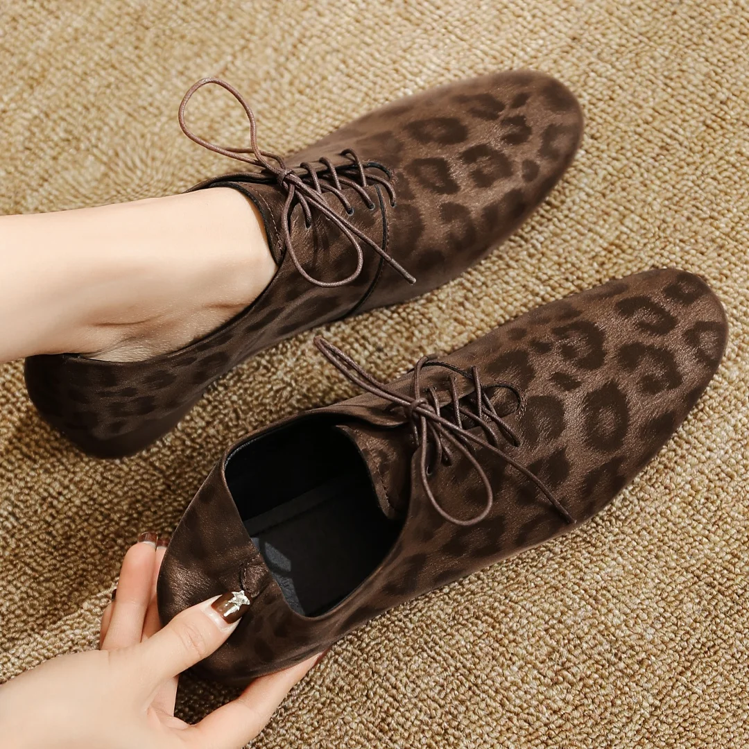 Women\'s leopard cow leather lace-up flats oxfords high quality soft comfortable female four season casual shoes for woman 2025