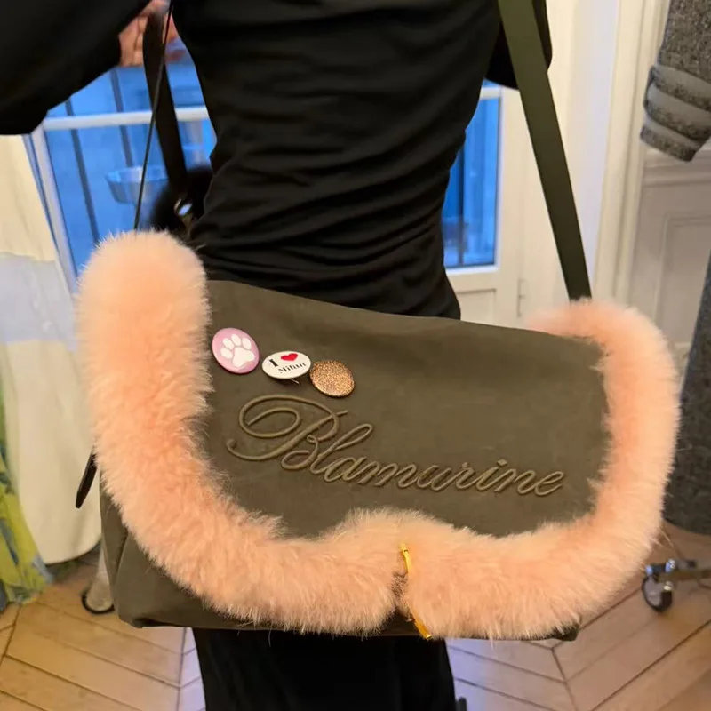 

FIRMRANCH Fashion Sweet Fluffy Fray Letter Embroidery Design Large Capacity Textured Canvas Lady's Messenger Bag Crossbody Purse