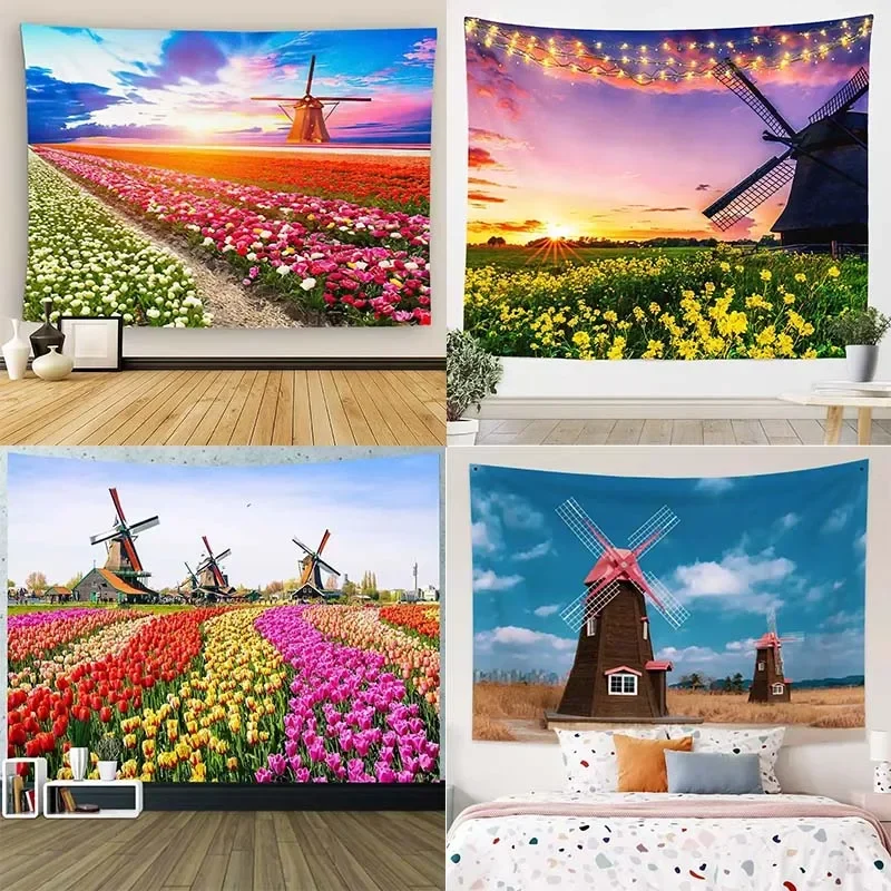 

Dutch pinwheel tulip flower field background cloth office living room tapestry home wall decoration tapestry