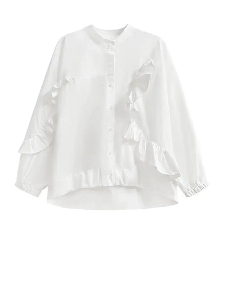 Women White Big Irregular Casual Blouse New Stand Collar Long Sleeve Loose Shirt Fashion Tide Spring Autumn