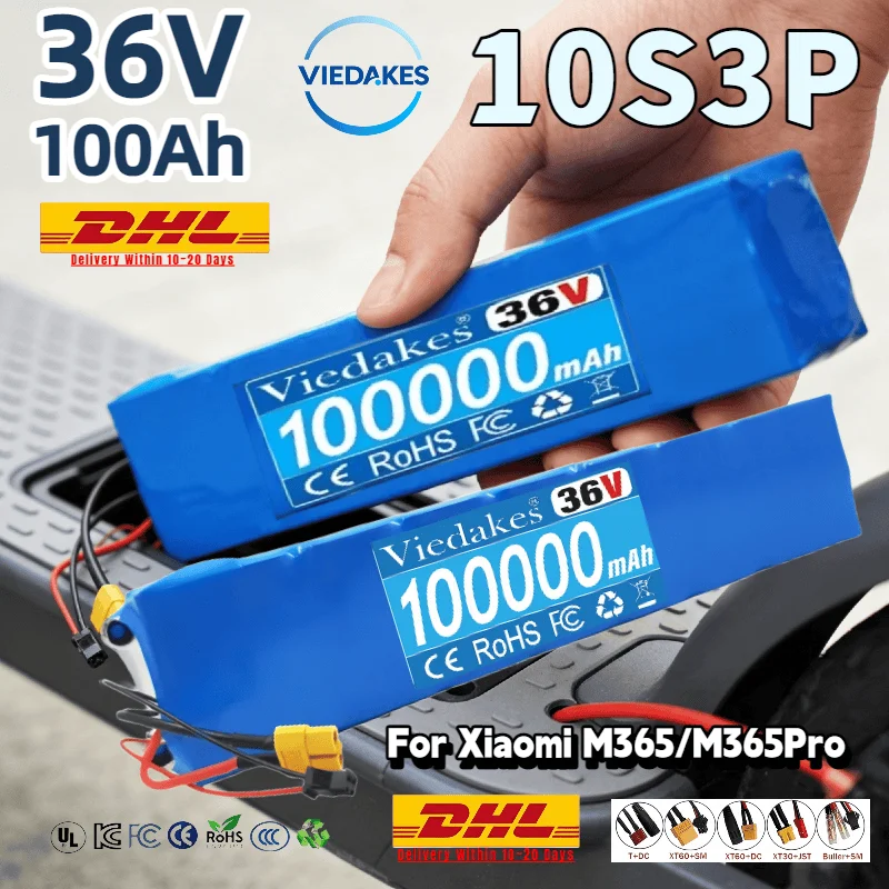 

High-Sales10S3P 36V 100Ah 18650 lithium battery with XT-60+DC/XT60+SM port, suitable for Xiaomi M365/M365pro electric scooter