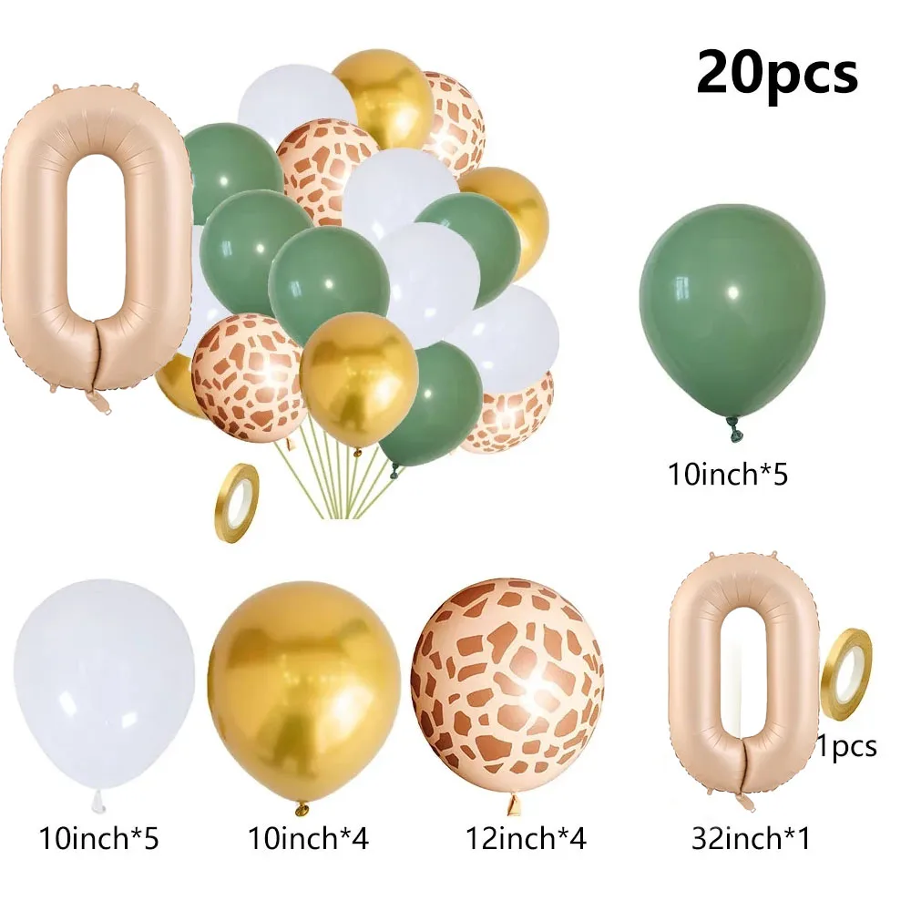 20pcs Jungle Animal Theme Party Sage Green Balloon Caramel Number 0-9 Foil Balloons Happy Birthday Party Baby Shower Decoration