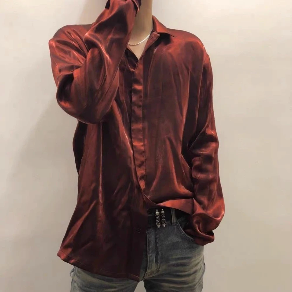 Mens Autumn French Solid Color Gold Velvet  Shirt Comfortable Fashion Trendy High Street Lazy Casual Long-Sleeve Top For Men