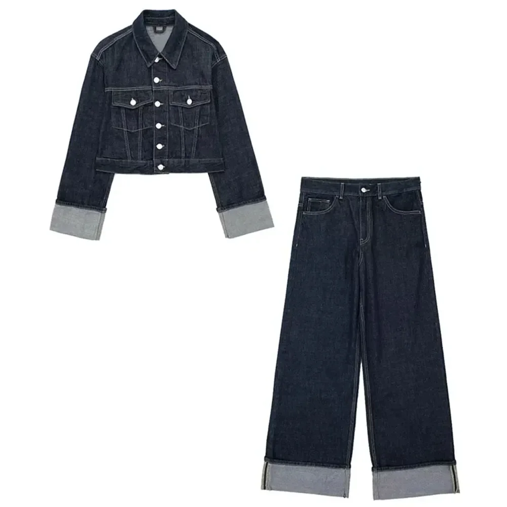 Damesmode pak Retro gesplitst Single-breasted zak denim jack + hoge taille dames broek met wijde pijpen en ritssluiting 2-delige set - afbeelding 1
